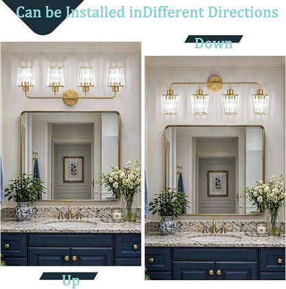 Brushed Gold Vanity Lights, 4-Light Crystal Bathroom Light Fixtures | Modern Bathroom Vanity Light E26 Wall Light over Mirror (Exclude Bulb)
