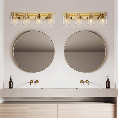 4-Light 30inch Brushed Gold Vanity Light, Thickened Clear Glass | Over Mirror for Bathroom, Rust Resistant, E26 Base, Easy Install, Removable Glass Shade Horizontal Mount, Dimmable