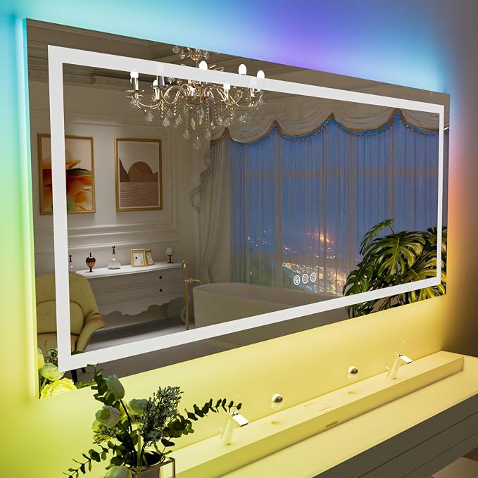 LOAAO 60"X40" RGB LED Bathroom Mirror with Lights, UL Listed | Anti-Fog, Dimmable, RGB Backlit + Front Lighted, Memory Function, Tempered Glass