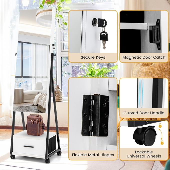 Rolling Jewelry Cabinet with Wheels, Lockable Jewelry Organizer Box with Drawers, Freestanding Jewelry Armoire with Full-length Mirror, for Women Girls Bedroom Cloakroom (White)