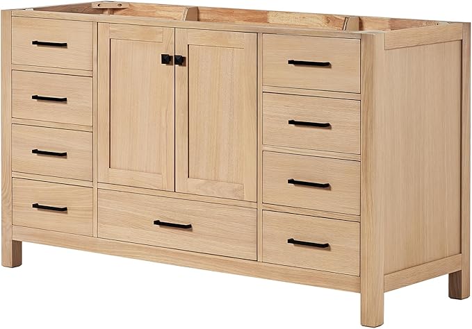 ARIEL Cambridge 60-inch Bathroom Vanity Base Cabinet,Solid Wood, 2 Soft Closing Doors, 9 Dovetail Drawers, White Oak