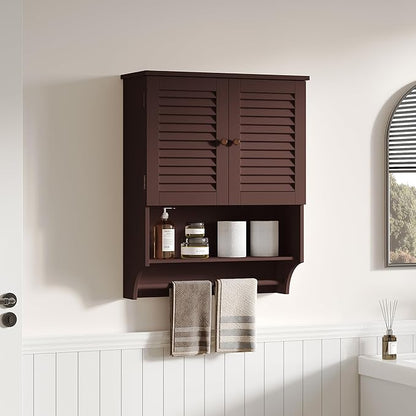 ChooChoo Bathroom Wall Cabinet with Towels Bar, 23.6" L x7.9 W x27.5 H MDF Material Medicine Cabinet, 2 Doors Over The Toilet Space Saver Storage Cabinet with Large Space, Espresso