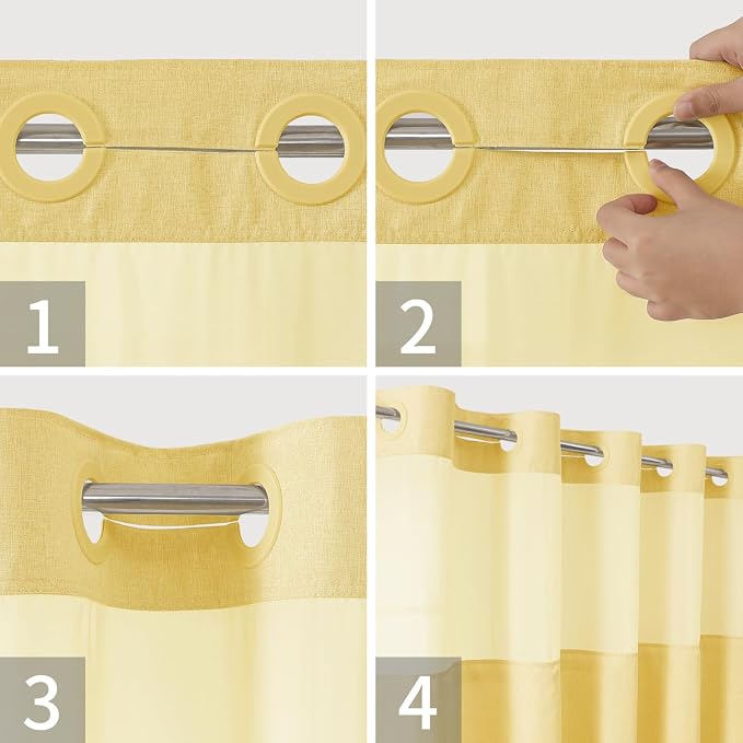 eachope No Hook Linen Texture Shower Curtain with Snap-in Liner,71x86 Gold | Extra Long,230GSM Thick Fabric,Hotel Luxury Decor,Mesh Top Window,Bottom Magnetic,Waterproof & Machine Washable,for Bathroom