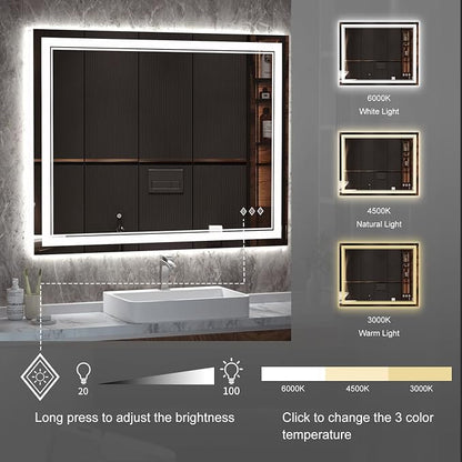 LED Bathroom Mirror, 40x32 Inch Gradient Front and Backlight Bathroom Vanity Mirror, 3 Colors Dimmable CRI>90 Double Lights, IP54 Enhanced Anti-Fog, Hanging Plates Wall Mount LED Mirror
