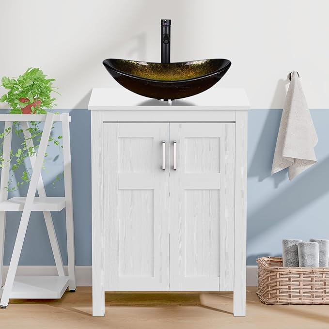 YOURLITE 24" Bathroom Vanity with Sink, White Bathroom Vanity with Faucet & Pop Up Drain Set,Traditional Vanity with Black Glass Bowl Bathroom Sink