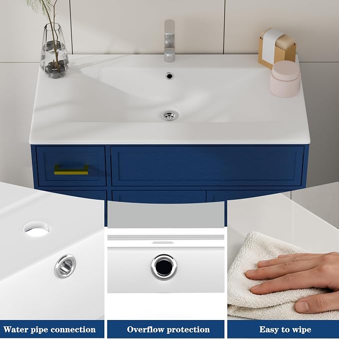 Blue Bathroom Vanity with Sink 36inch | 2 Doors and 4 Drawers | Wood Storage Basin Cabinet with Ceramic Basin for Home and Office