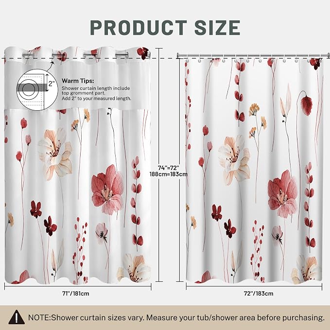 No Hook Floral Shower Curtain with Liner, Red, 71x74 | Snap in Liner, 3 in 1, Water Repellent, Easy Install, Machine Washable, Hotel Style for Bathroom, Watercolor Pattern