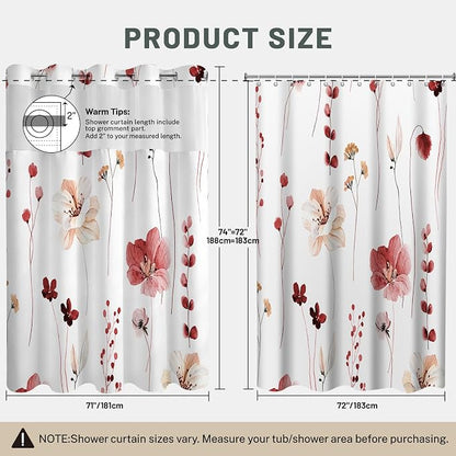 No Hook Floral Shower Curtain with Liner, Red, 71x74 | Snap in Liner, 3 in 1, Water Repellent, Easy Install, Machine Washable, Hotel Style for Bathroom, Watercolor Pattern