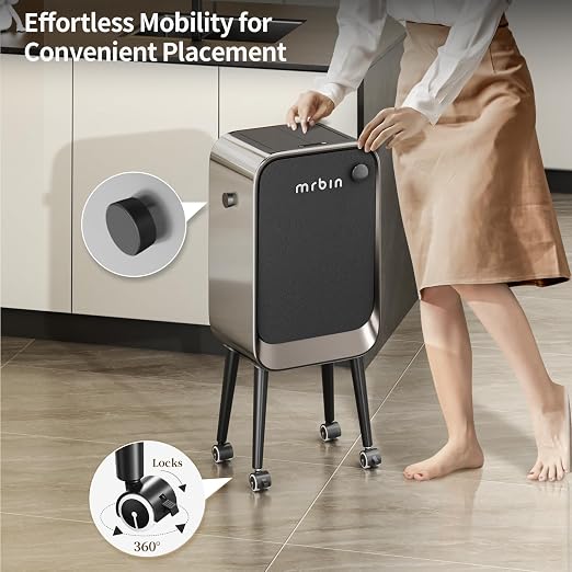 Mrbin Motion Sensor Bathroom Trash Can with Leg and Wheel, 5.5 Gal Tall Smart Waste Basket for Bedroom, Automatic Ozone Odor Purification Neutralizing, Touchless Butterfly Lid, Stainless Steel & Black