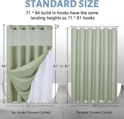 Furlinic Waffle Weave No Hook Shower Curtain with Snap in Liner,Honeycomb Textured Bathroom Curtains with See Through Top Window,Waterproof & Machine Washable,Hotel Quality,Sage Green,71x84 Inch