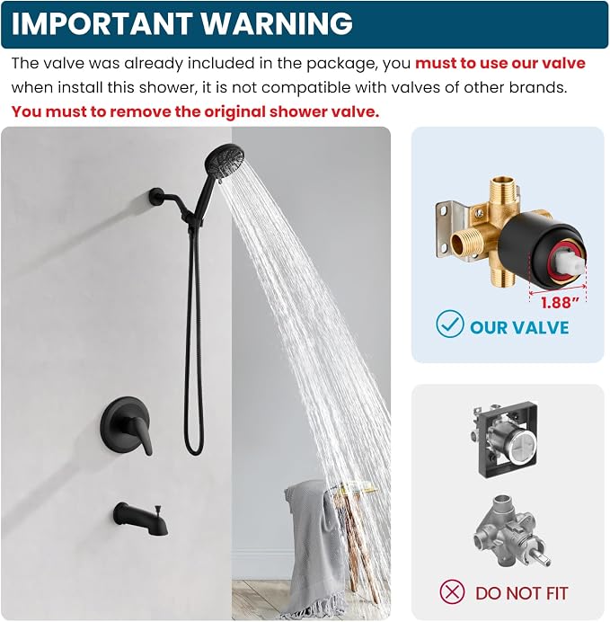 gotonovo Tub Shower Faucet Set with Valve 6 Mode Handheld Matte Black | Bathtub Faucet Set,6 Mode ABS Handheld Spray,6.3’’ Metal Tub Spout,Brass Valve Trim Kit,Shower Head and Handle Kit,Wall Mount