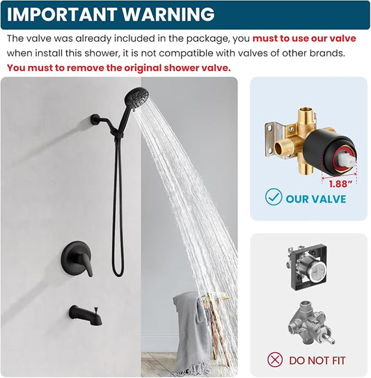 gotonovo Tub Shower Faucet Set with Valve 6 Mode Handheld Matte Black | Bathtub Faucet Set,6 Mode ABS Handheld Spray,6.3’’ Metal Tub Spout,Brass Valve Trim Kit,Shower Head and Handle Kit,Wall Mount