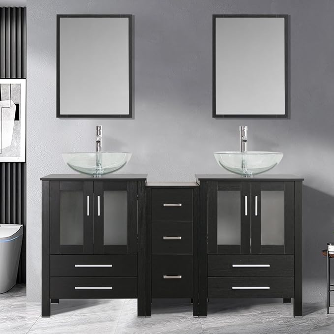 UEV 60" Double Sink Bathroom Vanity,Black Bathroom Vanity Set with Double Side Vanity Cabinets & Removable 3 Drawer Storage Cabinet,Modern Bathroom Vanity with Tempered Vessel Sink,Mirror Not Included