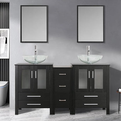 UEV 60" Double Sink Bathroom Vanity,Black Bathroom Vanity Set with Double Side Vanity Cabinets & Removable 3 Drawer Storage Cabinet,Modern Bathroom Vanity with Tempered Vessel Sink,Mirror Not Included