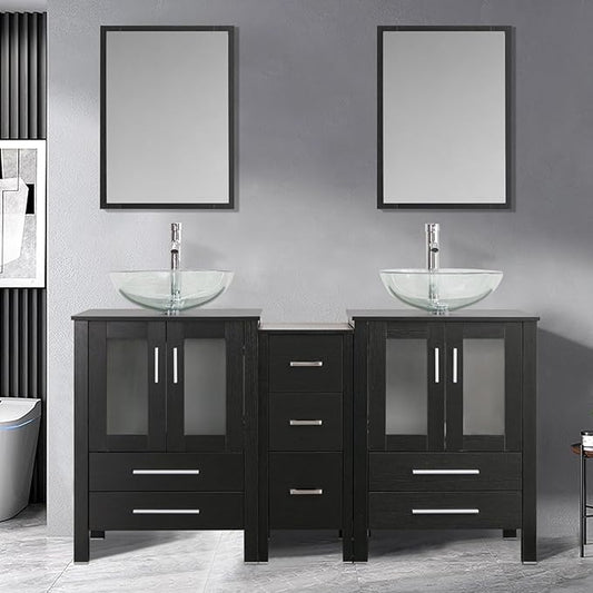 UEV 60" Double Sink Bathroom Vanity,Black Bathroom Vanity Set with Double Side Vanity Cabinets & Removable 3 Drawer Storage Cabinet,Modern Bathroom Vanity with Tempered Vessel Sink,Mirror Not Included
