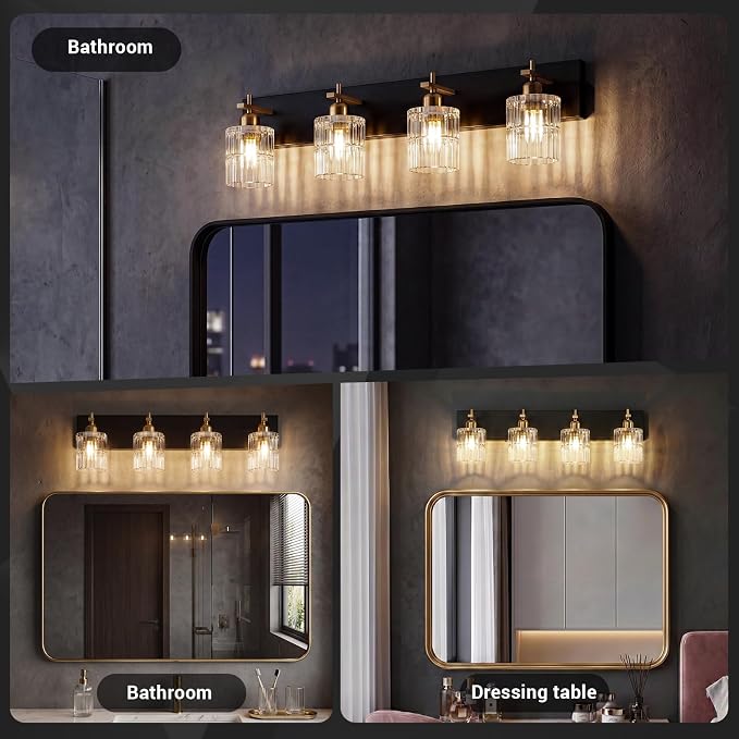ocioc 4-Light Bathroom Lighting Fixtures Over Mirror,29 Inch | Modern Black and Gold Wall Lamp with Clear Crystal Glass Shades, Dimmable E26 Base, for Bedroom Mirror Hallway
