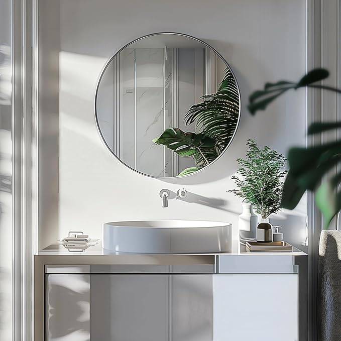 Small Round Mirror, 16 inch Nickel Circle Mirror with Metal Frame | High Definition Mirror, Waterproof, Easy Installation, Circular Mirrors for Vanity, Nursery, Bedroom, Wall Décor