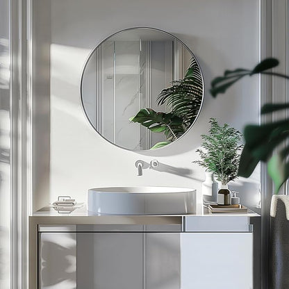 Silver Circle Mirror, 20 inch Round Wall Mirror,Brushed Metal Frame | High Definition Mirror, Rust-resistant, Easy Installation, Round Mirrors for Bedroom, Guest Room, Baby room, Vanity