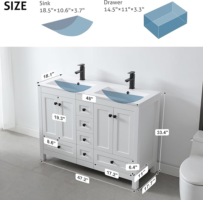 eclife 48" Bathroom Vanities with Sink Combo, Modern Thickened Wood Bathroom Storage Cabinet w/Undermount Double Sink, Matte Black Faucet Drain, Painted Surface, White