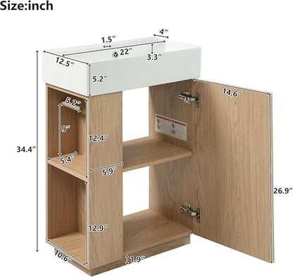 Merax Small Bathroom Vanity, Modern Floor Standing Bathroom Vanity with Sink, Ceramic Sink Vanity with Side Storage Shelves and Toilet Paper Holders, Oak