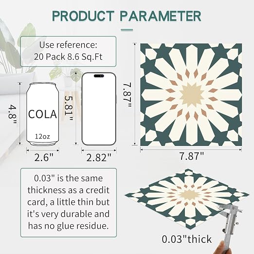 MORCART 20PCS 7.87" x 7.87" Peel and Stick Floor Tile, Green Floral Look | Self-Adhesive DIY Vinyl Flooring, Removable and Waterproof Tile Sticker for Bathroom, Kitchen, Wall, Bedroom, Stairs