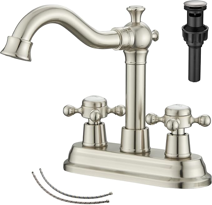 Bathroom Faucet Brushed Nickel 2 Handles 4 Inches Centerset RV Vanity With Drain Assembly and Supply Hose
