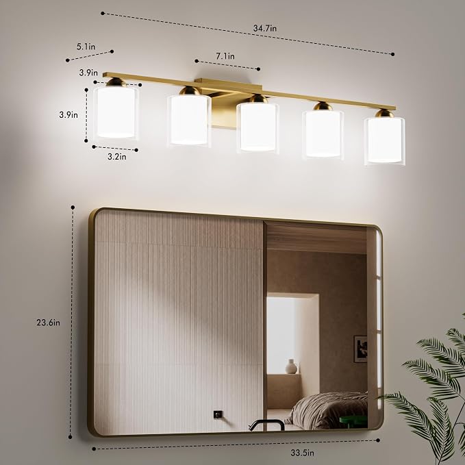 Quntis Gold Bathroom Light Fixtures, 5 Light Modern Vanity Lights Over Mirror, 5 Colors & Stepless Dimmable LED Bathroom Lighting with Milk White Frosted Glass, 33 Inch (Bulbs Included)
