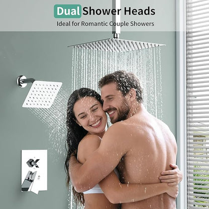 Shower Faucet Set Shower System - SR SUN RISE Polished Chrome Shower Trim Kit with Dual Shower Head, 12'' Ceiling Rainfall 6'' Wall Mount with Handheld Shower for Couples, Complete 6 Diverter Valve