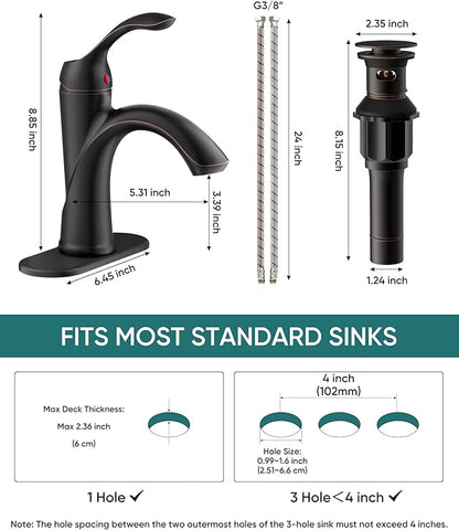 Homevacious Oil Rubbed Bronze Bathroom Faucet 1 Hole One-Handle Lever Bathroom Sink Faucets Bath Rustic Lavatory Basin Mixer Tap with Pop Up Drain with Overflow Supply Hose ORB
