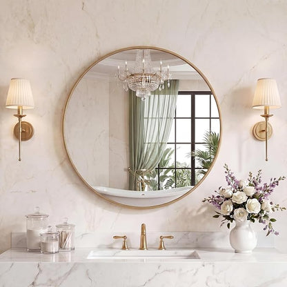 Sweetcrispy 30 Inch Round Wall Mirror, Bathroom Mirrors for Over Sink | Matte Metal Framed, Wall Decor for Bedroom, Entryway, Anti-Rust, Tempered Glass, Hanging or Leaning, Gold