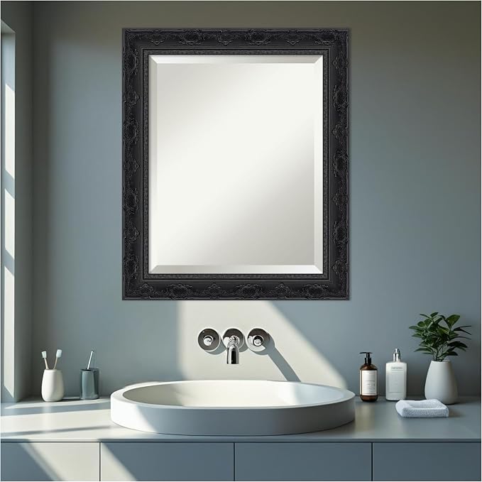 Amanti Art Black Bathroom Mirror for Over Sink, 24x20 Filigree Gloss Black Rectangle Vanity Mirror, Small Traditional Frame, Hangs Horizonally and Vertically, Bathroom Wall Decor, Beveled Edge