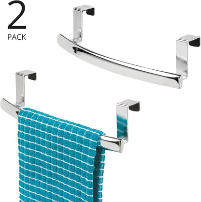 mDesign Steel Over Door Curved Towel Bar Storage, Hanger for Cabinet or Cupboard, Holder Rack for Kitchen, Bathroom - Holds Hand/Dish Towels, Washcloths - Spira Collection - 2 Pack - Chrome