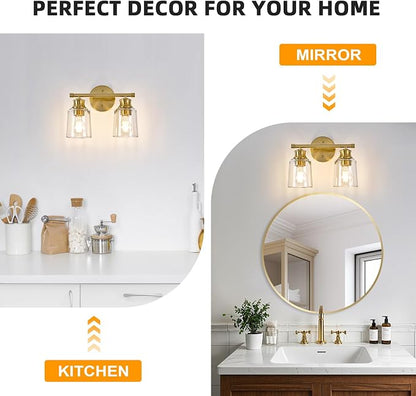 Bathroom Light Fixtures Over Mirror, 2 Lights Vanity Lights with Clear Glass Shade, 12.1" Gold Farmhouse Bathroom Wall Light Fixtures for Bedroom, Porch, Hotel, Mirror Cabinet