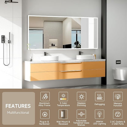 96" x 40" LED Medicine Cabinet with Mirror, Smart Bathroom Storage Cabinet, Anti-Fog, 3 Color Stepless Dimmable Light, 10 Brightness Levels, 5 Doors, Adjustable Shelves, Soft-Close Hinges