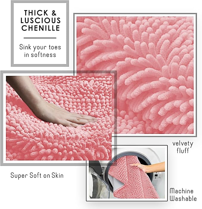 Hearth & Harbor Bathroom Rugs, Chenille Bath Mat - Machine Washable Bath Mats for Bathroom Non-Slip Backing Rubber, Quick Dry Bathroom Mat, 17 x 24 - Pink