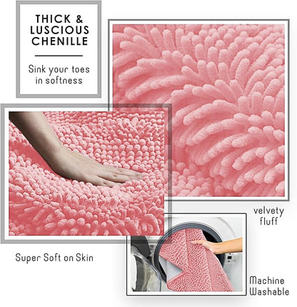 Hearth & Harbor Bathroom Rugs, Chenille Bath Mat - Machine Washable Bath Mats for Bathroom Non-Slip Backing Rubber, Quick Dry Bathroom Mat, 24 x 36 - Pink