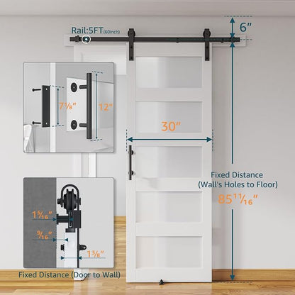 30'' x 84'' Glass Barn Door and 5Ft Hardware Kit Included, White | MDF White Barn Door Slab with Frosted Glass, PVC Surface, Combined with Handle and Floor Guide-Assembly Required
