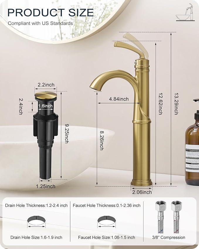 Gold Vessel Sink Faucet, Brass Tall Bathroom Sink Faucet One Hole with 1 Handle, Pop Up Drain, cUPC Supply Hoses & Aerator for Above Counter Basin, Arched Spout Design, 5 Mins Quick Installation