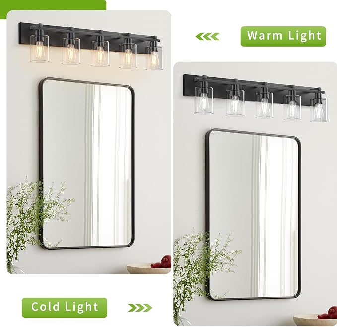 5-Light 37inch Matte Black Vanity Light, Thickened Clear Glass | Over Mirror for Bathroom, Rust Resistant, E26 Base, Easy Install, Removable Glass Shade Horizontal Mount, Dimmable