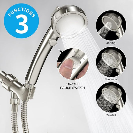 Brushed Nickel High Pressure Handheld Shower Head with ON/OFF Switch, 3 Spray Modes, Adjustable Angle Bracket, and Hose | 3 Spray Modes Shower Wand with Shut Off Button, Camper & RV Showerhead with Hose & Angle Adjustable Bracket, Brushed Nickel