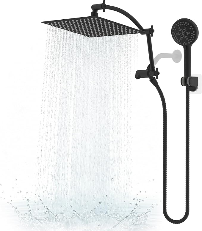 Hibbent All Metal 12" High Pressure Rain Shower Head Combo, Matte Black | cUPC Certified Rainfall Shower Head with handheld 10 Sprays, 16'' Adjustable Extension Arm, 71'' Hose, Showerhead Holder