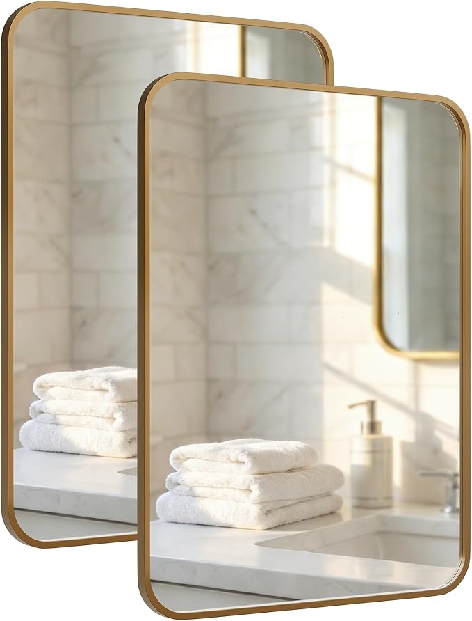 2-Pack 24x36 Inch Antique Gold Rounded Rectangle Vanity Mirrors | Double Vanity or Two Bathrooms, Pair or Separate Use, Iron Frame, Layered Shadow Box Look, Two-Way Mount