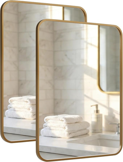 2-Pack 24x36 Inch Antique Gold Rounded Rectangle Vanity Mirrors | Double Vanity or Two Bathrooms, Pair or Separate Use, Iron Frame, Layered Shadow Box Look, Two-Way Mount