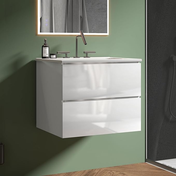 24" Bathroom Vanity with Sink, Modern Floating Vanity with Double Soft Closing Drawers, Large Storage for Small Space, Glossy White, Fully Assembled - Iris Collection