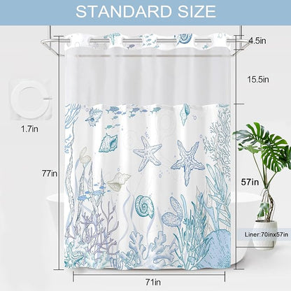 No Hook Shower Curtain and Liner Set, Blue Beach Coastal 71x77 | Nautical Ocean for Bathroom, with Snap in Liner Replacement, Mesh Top Window, Waterproof, Machine Washable, Quick-Drying