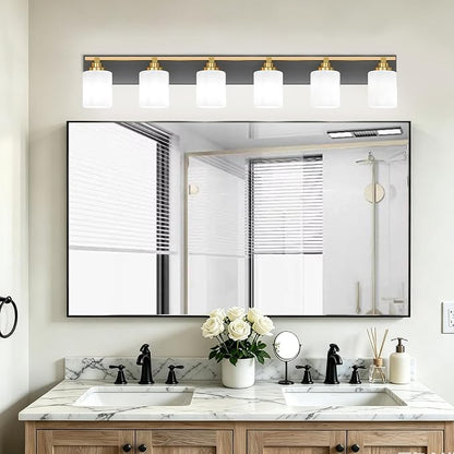 Black and Gold Bathroom Light Fixture, Modern 6 Light Vanity Lights for Bathroom Lighting Fixtures Over Mirror, White Glass Lampshade, Master & Guest bathrooms Bathroom Remodel, 43-inch