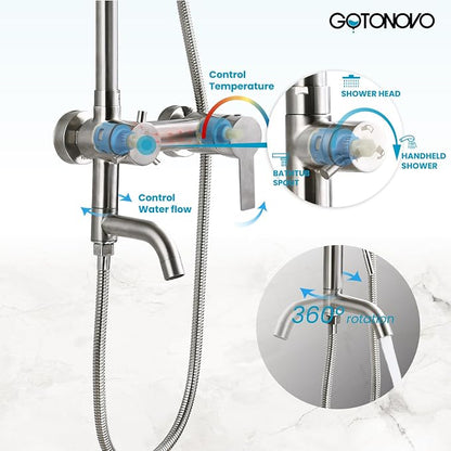 gotonovo Outdoor Shower Kit SUS304 Stainless Steel Brushed Nickel | Outside Shower Fixtures,8’’ Rain Head with Handheld Sprayer,Swivel Tub Spout,Indoor/Outdoor,Poolside,Backyard,Garden,Beach