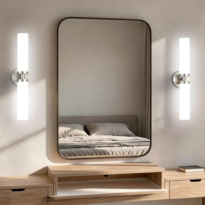 Wall Sconces Set of 2 Hardwired Bathroom Light Fixtures E26 Base | Brushed Nickel, 22Inch, Modern Vanity Wall Lighting with Milky White Glass Shade, for Mirror Hallway Bedroom Living Room