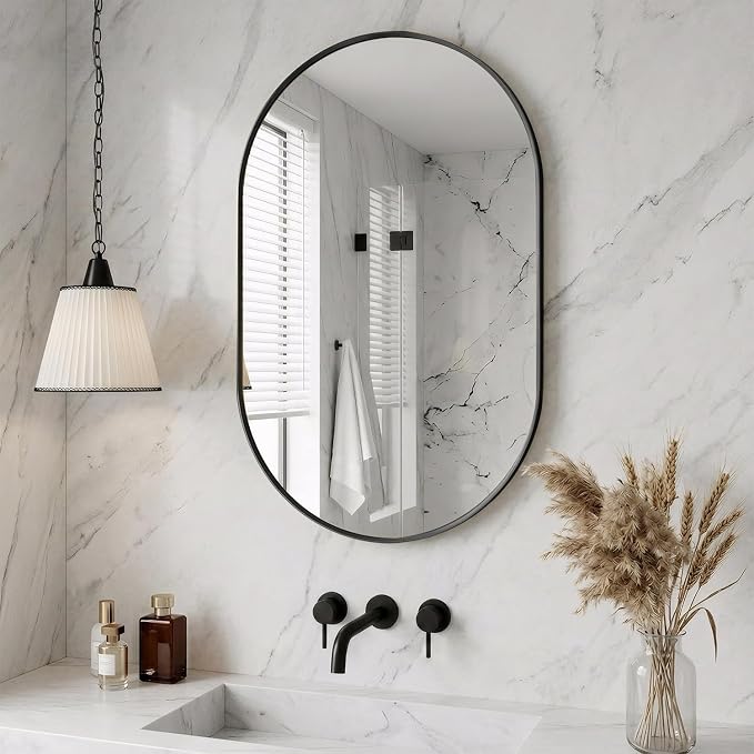 16"x20" Matte Black Oval Bathroom Mirror for Over Sink, Vanity Mirror | Aluminum Alloy Frame, Clear Reflection, Rust-Resistant, Vertical or Horizontal, Wall Mount, Bedroom and Entryway