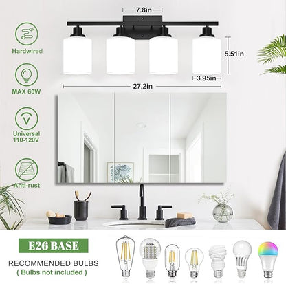 4-Light Bathroom Light Fixtures, Vanity Light with Milky White Shades, Matte Black Bathroom Light Fixtures Over Mirror, Modern Bathroom Wall Lamp for Mirror Living Room Cabinet Bedroom